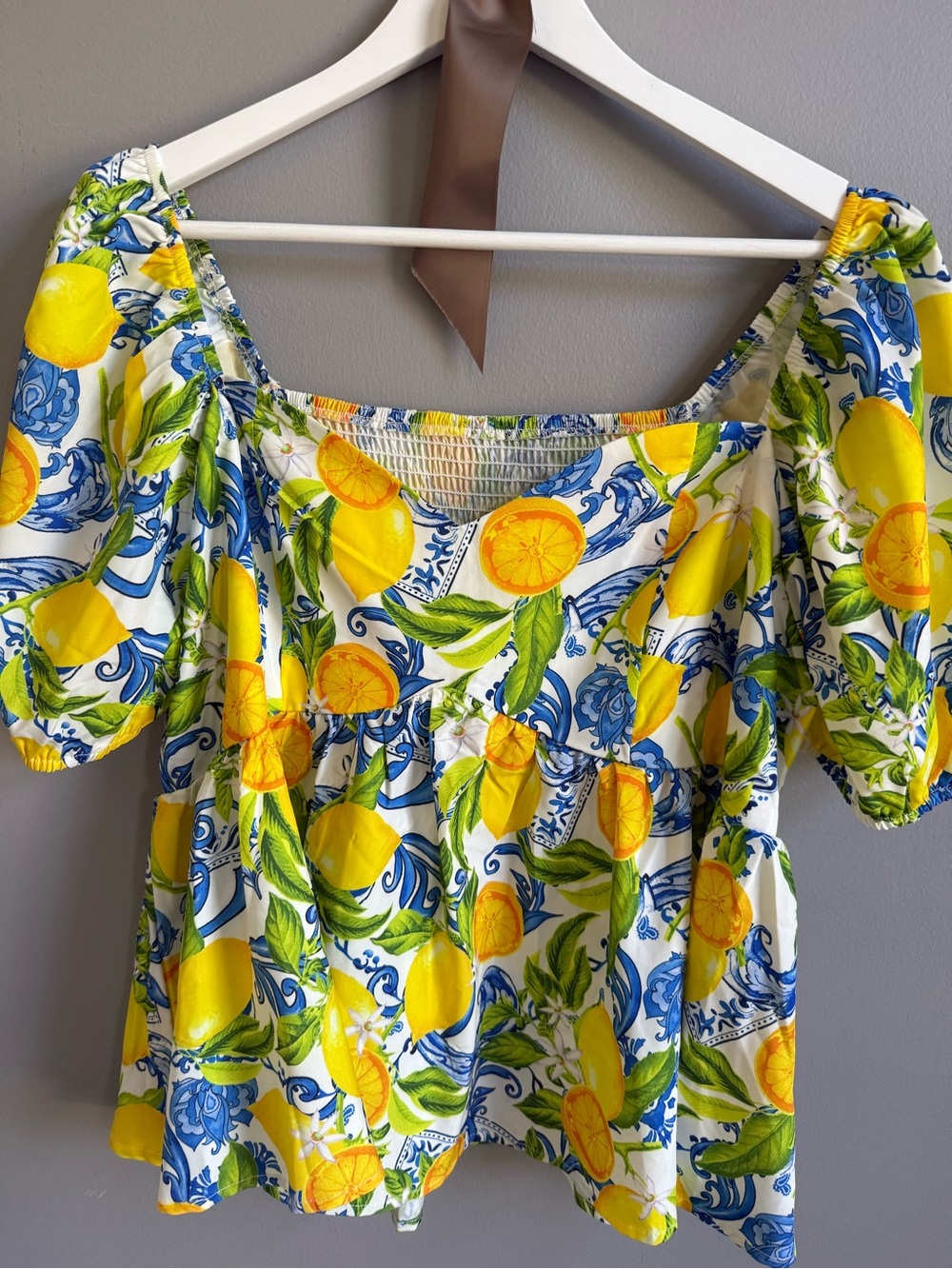 SHEIN Yellow, Blue & Green Lemon-Print Puff Sleeve Top